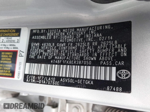 2014 Toyota Camry L with VIN 4T4BF1FK8ER387050, listed as a IAAI auction lot 41453516 with 184,150 mi miles. Bid and sale history available at carsss.com. Image 9.