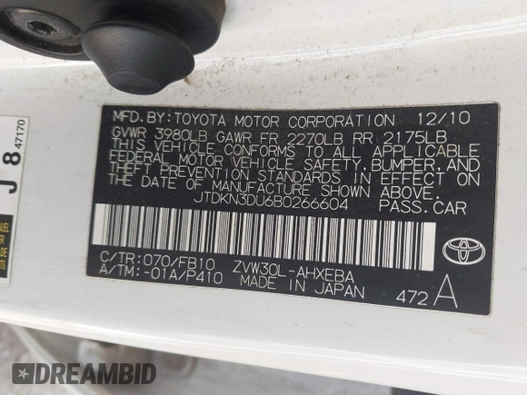 2011 Toyota Prius I with VIN JTDKN3DU6B0266604, listed as a IAAI auction lot 41981587 with 184,346 mi miles. Bid and sale history available at carsss.com. Image 9.