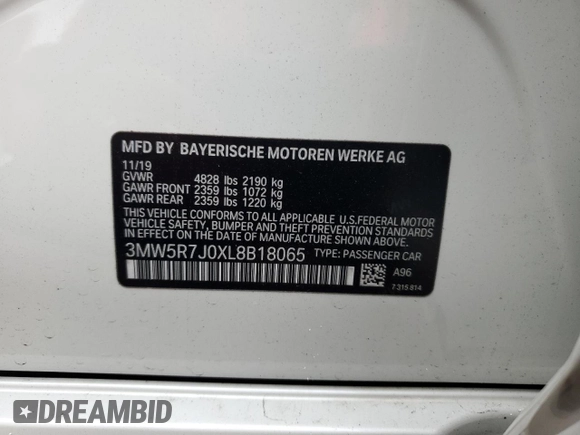 2020 BMW 3 Series 330i xDrive with VIN 3MW5R7J0XL8B18065, listed as a Copart auction lot 53439165 with 69,314 mi miles and Salvage Title. Bid and sale history available at carsss.com. Image 14.