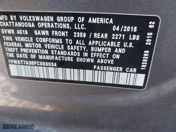 2015 Volkswagen Passat 1.8T S with VIN 1VWAT7A35FC093034, listed as a IAAI auction lot 41667700 with 127,649 mi miles. Bid and sale history available at carsss.com. Image 9.