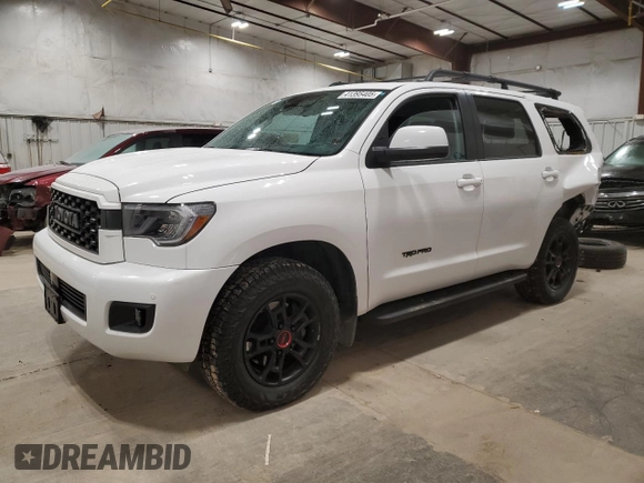 2021 Toyota Sequoia TRD Pro with VIN 5TDEY5B10MS181590, listed as a Copart auction lot 41395405 with 0 mi miles and Salvage Title. Bid and sale history available at carsss.com. Image 1.