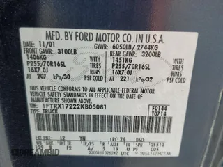 2002 Ford F-150 XL with VIN 1FTRX17222KB05081, listed as a Copart auction lot 56459765 with 126,941 mi miles and Salvage title. Bid and sale history available at DreamBid. Image 13.