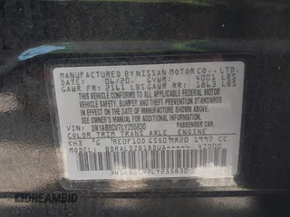 2020 Nissan Sentra SV with VIN 3N1AB8CV7LY255830, listed as a IAAI auction lot 41786362 with 36,686 mi miles and . Bid and sale history available at DreamBid. Image 9.