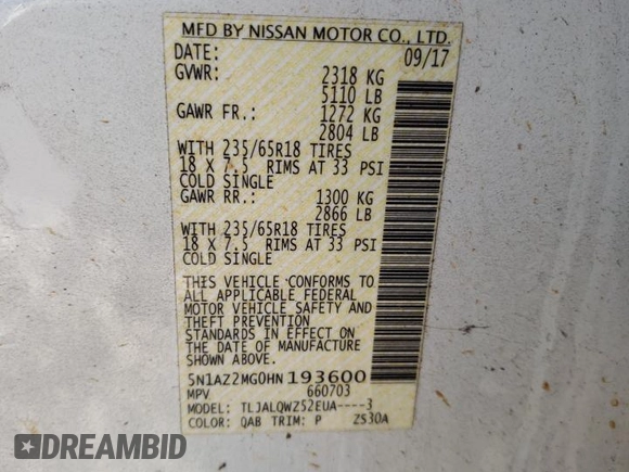 2017 Nissan Murano Platinum z VIN 5N1AZ2MG0HN193600, wystawiony jako Copart lot #49988745 z przebiegiem 83 801 mil mil oraz Szkoda całkowita • Salvage title. Historia ofert i sprzedaży dostępna na DreamBid. Obrazek 14.