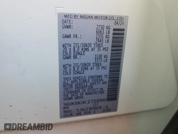 2024 Nissan Pathfinder Platinum z VIN 5N1DR3DK2RC270990, wystawiony jako Copart lot #42696615 z przebiegiem 5 662 mil mil oraz Szkoda całkowita • Salvage title. Historia ofert i sprzedaży dostępna na DreamBid. Obrazek 12.