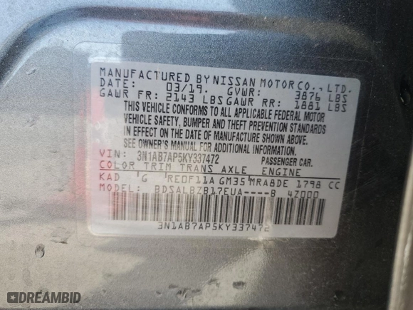 2019 Nissan Sentra SV with VIN 3N1AB7AP5KY337472, listed as a Copart auction lot 52209835 with 19,237 mi miles and Salvage Title. Bid and sale history available at carsss.com. Image 12.