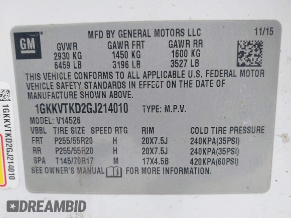 2016 GMC Acadia Denali with VIN 1GKKVTKD2GJ214010, listed as a IAAI auction lot 42082570 with 143,754 mi miles. Bid and sale history available at carsss.com. Image 9.