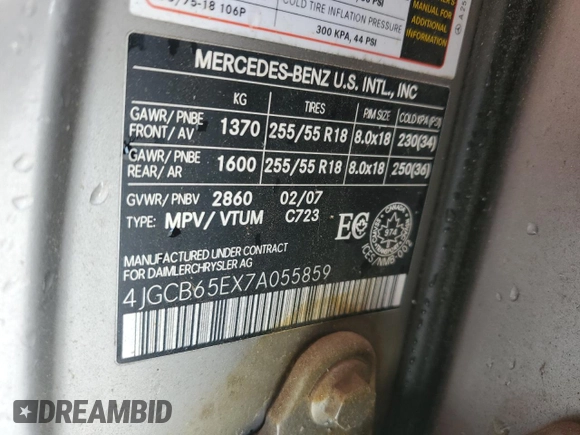 2007 Mercedes-Benz R 3.5L with VIN 4JGCB65EX7A055859, listed as a Copart auction lot 60690715 with Not provided miles and Salvage title. Bid and sale history available at DreamBid. Image 14.