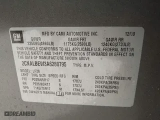 2010 Chevrolet Equinox LS with VIN 2CNALBEW3A6280795, listed as a IAAI auction lot 41934073 with 98,733 mi miles. Bid and sale history available at carsss.com. Image 9.