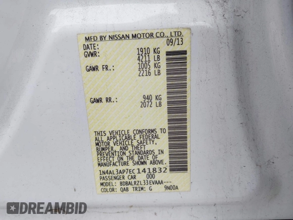 2014 Nissan Altima SV with VIN 1N4AL3AP7EC141832, listed as a IAAI auction lot 42019574 with 124,802 mi miles and . Bid and sale history available at carsss.com. Image 9.
