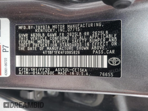 2015 Toyota Camry XLE z VIN 4T1BF1FK4FU985826, wystawiony jako Copart lot #55783835 z przebiegiem 214 790 mil mil oraz Czysty tytuł • Clean title. Historia ofert i sprzedaży dostępna na DreamBid. Obrazek 12.