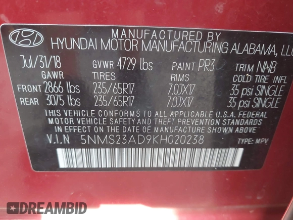 2019 Hyundai Santa Fe SE с VIN 5NMS23AD9KH020238, выставлен на аукционе IAAI как лот 42472418 с пробегом 101 402 миль миль и . История ставок и продаж доступна на DreamBid. Изображение 9.