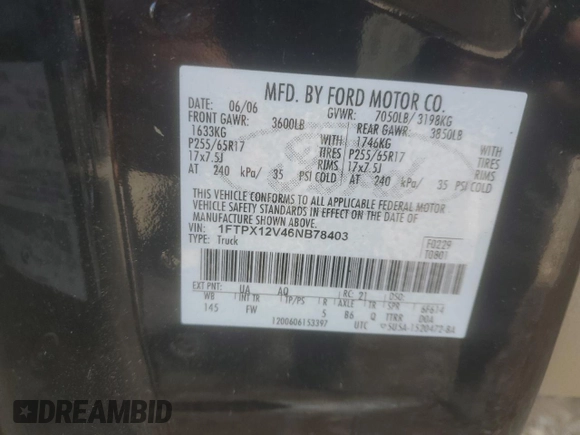 2006 Ford F-150 XL with VIN 1FTPX12V46NB78403, listed as a Copart auction lot 57518145 with 102,834 mi miles and Salvage title. Bid and sale history available at DreamBid. Image 12.