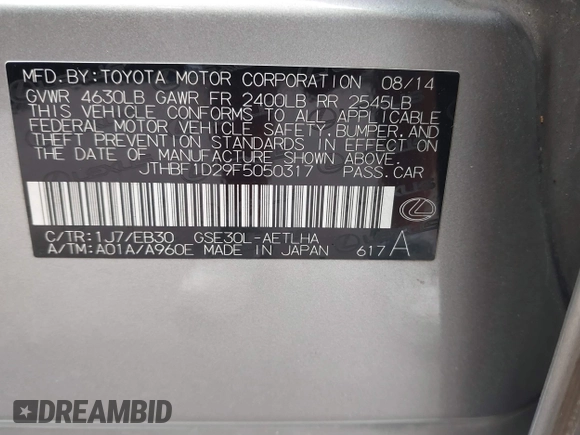 2015 Lexus IS 250 with VIN JTHBF1D29F5050317, listed as a IAAI auction lot 40681786 with 173,799 mi miles. Bid and sale history available at carsss.com. Image 9.