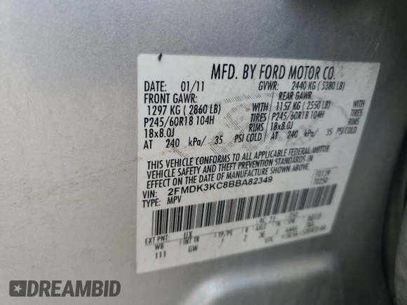 2011 Ford Edge Limited with VIN 2FMDK3KC8BBA82349, listed as a Copart auction lot 61147665 with 197,406 mi miles and Salvage title. Bid and sale history available at DreamBid. Image 12.