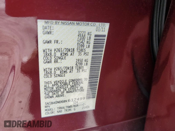2011 Nissan Armada SV with VIN 5N1BA0ND6BN617499, listed as a Copart auction lot 52533945 with 158,645 mi miles and Salvage Title. Bid and sale history available at DreamBid. Image 14.