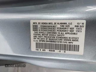 2011 Honda Odyssey EX с VIN 5FNRL5H49BB031318, выставлен на аукционе IAAI как лот 42209746 с пробегом 139 127 миль миль и . История ставок и продаж доступна на DreamBid. Изображение 9.