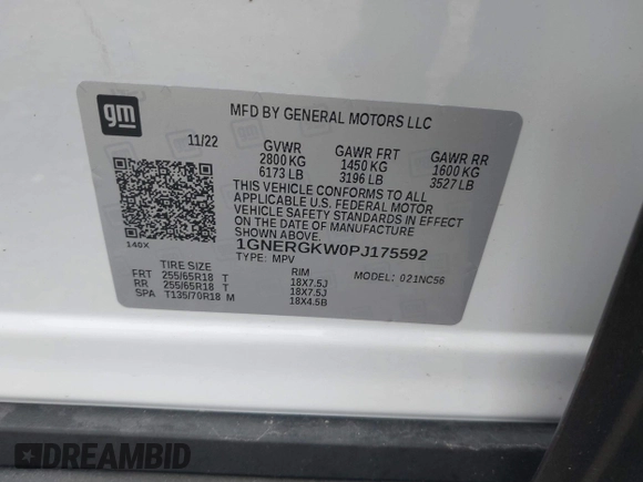 2023 Chevrolet Traverse LT Cloth with VIN 1GNERGKW0PJ175592, listed as a IAAI auction lot 42531153 with 15,045 mi miles and . Bid and sale history available at DreamBid. Image 9.