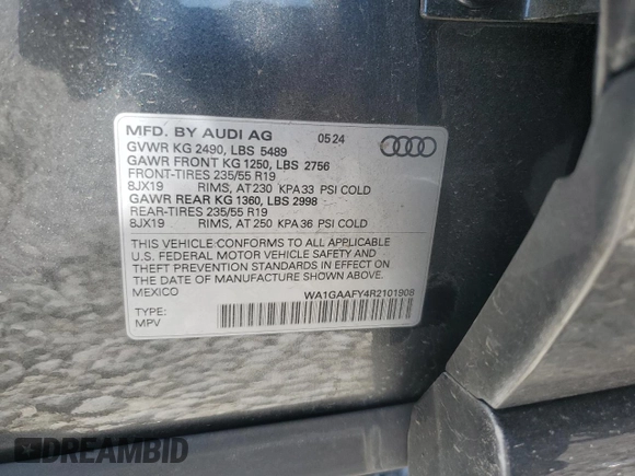 2024 Audi Q5 S line Premium with VIN WA1GAAFY4R2101908, listed as a Copart auction lot 48776875 with 5,471 mi miles and Salvage Title. Bid and sale history available at carsss.com. Image 15.