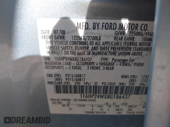 2008 Ford Taurus SEL with VIN 1FAHP24WX8G186437, listed as a IAAI auction lot 41934754 with 186,347 mi miles. Bid and sale history available at carsss.com. Image 9.