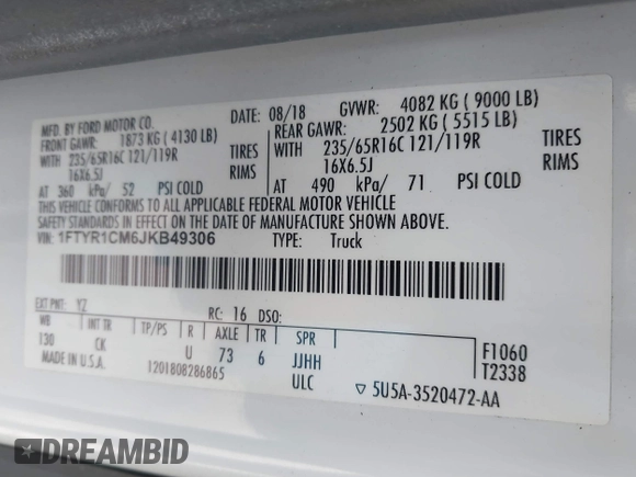2018 Ford Transit with VIN 1FTYR1CM6JKB49306, listed as a IAAI auction lot 41695457 with 121,124 mi miles and . Bid and sale history available at DreamBid. Image 9.