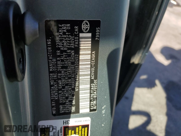 2009 Toyota Camry with VIN 4T1BE46K39U830452, listed as a Copart auction lot 46227815 with 127,027 mi miles and Salvage Title. Bid and sale history available at carsss.com. Image 14.