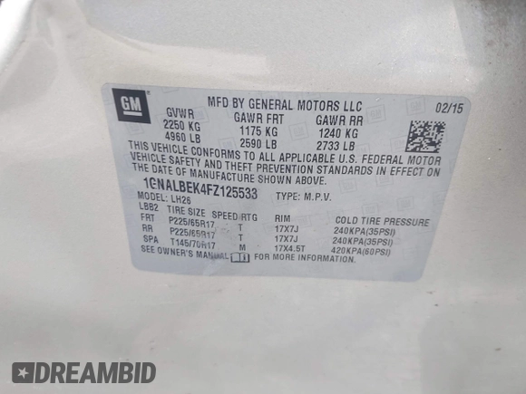 2015 Chevrolet Equinox LT with VIN 1GNALBEK4FZ125533, listed as a IAAI auction lot 42522055 with 136,521 mi miles and . Bid and sale history available at DreamBid. Image 9.