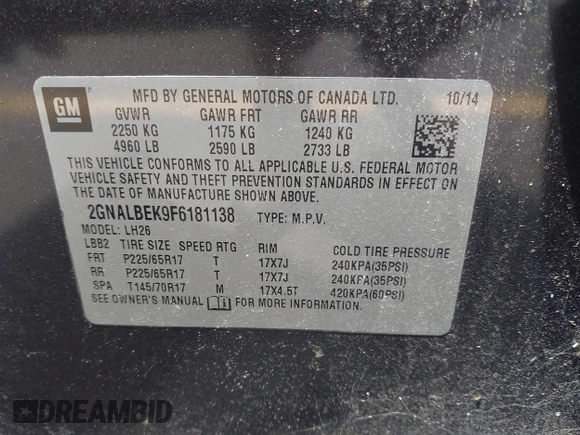 2015 Chevrolet Equinox LT with VIN 2GNALBEK9F6181138, listed as a IAAI auction lot 42555907 with 172,701 mi miles and . Bid and sale history available at DreamBid. Image 9.
