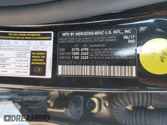 2017 Mercedes-Benz C 63 AMG with VIN 55SWF8GB3HU233221, listed as a Copart auction lot 84901404 with 80,106 mi miles and Salvage title. Bid and sale history available at DreamBid. Image 12.