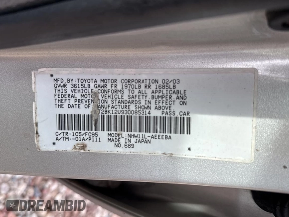 2003 Toyota Prius with VIN JT2BK12U930085314, listed as a Copart auction lot 83051554 with 131,074 mi miles and Clean Title. Bid and sale history available at carsss.com. Image 10.