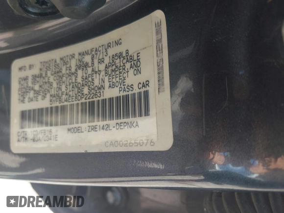 2013 Toyota Corolla L with VIN 5YFBU4EE8DP222631, listed as a IAAI auction lot 39698117 with 1 mi miles. Bid and sale history available at carsss.com. Image 9.