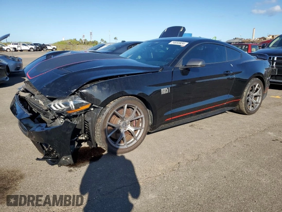 2021 Ford Mustang Mach 1 with VIN 1FA6P8R08M5555185, listed as a Copart auction lot 74855834 with 21,052 mi miles and Non Repairable. Bid and sale history available at carsss.com. Image 1.