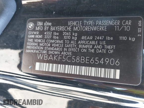2011 BMW 3 Series 328i xDrive with VIN WBAKF5C58BE654906, listed as a IAAI auction lot 41725240 with 123,743 mi miles. Bid and sale history available at carsss.com. Image 9.