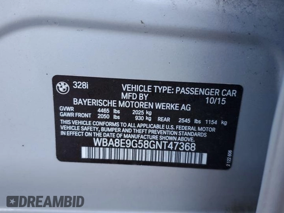 2016 BMW 3 Series 328i with VIN WBA8E9G58GNT47368, listed as a Copart auction lot 52443285 with 46,283 mi miles and Salvage Title. Bid and sale history available at carsss.com. Image 12.