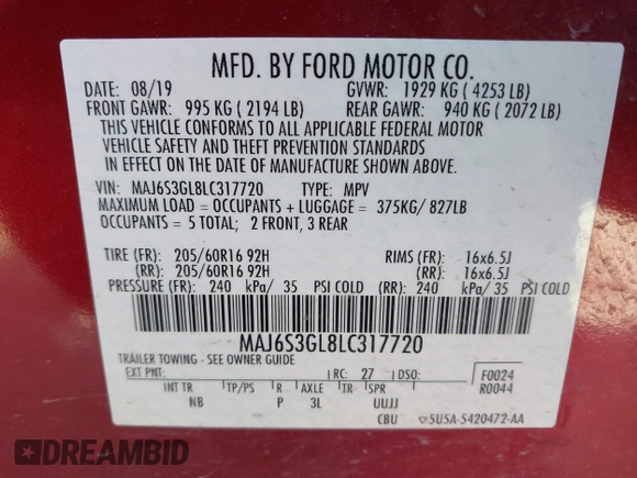 2020 Ford EcoSport SE with VIN MAJ6S3GL8LC317720, listed as a IAAI auction lot 41848210 with 67,513 mi miles and . Bid and sale history available at carsss.com. Image 9.