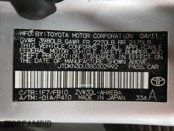 2011 Toyota Prius I z VIN JTDKN3DU3B0302992, wystawiony jako Copart lot #55957085 z przebiegiem 201 305 mil mil oraz Szkoda całkowita • Salvage title. Historia ofert i sprzedaży dostępna na DreamBid. Obrazek 12.