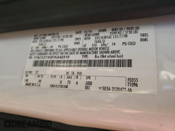2015 Ford Transit XL with VIN 1FBZX2YM2FKA42516, listed as a Copart auction lot 78827984 with 300,523 mi miles and Clean title. Bid and sale history available at DreamBid. Image 10.
