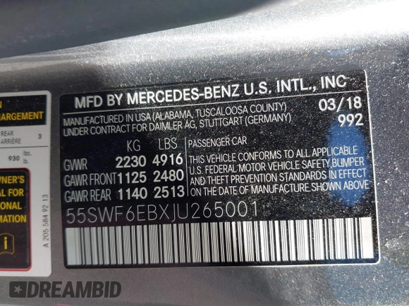 2018 Mercedes-Benz C 43 AMG with VIN 55SWF6EBXJU265001, listed as a IAAI auction lot 42184097 with 50,800 mi miles and . Bid and sale history available at DreamBid. Image 9.