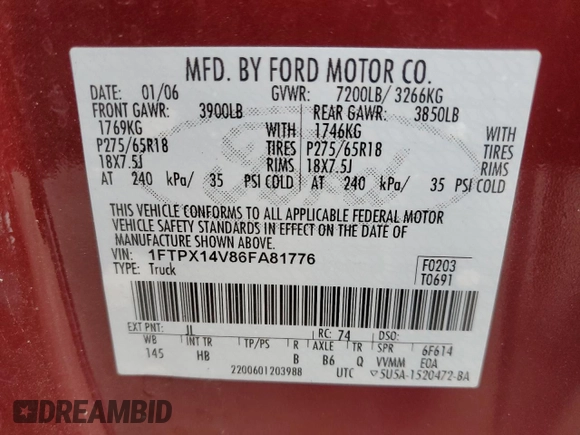 2006 Ford F-150 XLT with VIN 1FTPX14V86FA81776, listed as a Copart auction lot 47703985 with 169,600 mi miles and Salvage Title. Bid and sale history available at carsss.com. Image 14.