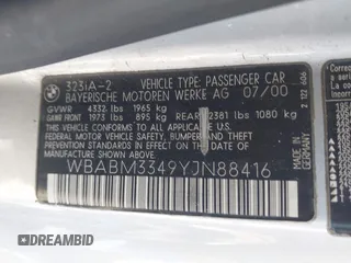 2000 BMW 3 Series 323Ci with VIN WBABM3349YJN88416, listed as a IAAI auction lot 42137407 with Not Provided miles and . Bid and sale history available at DreamBid. Image 9.