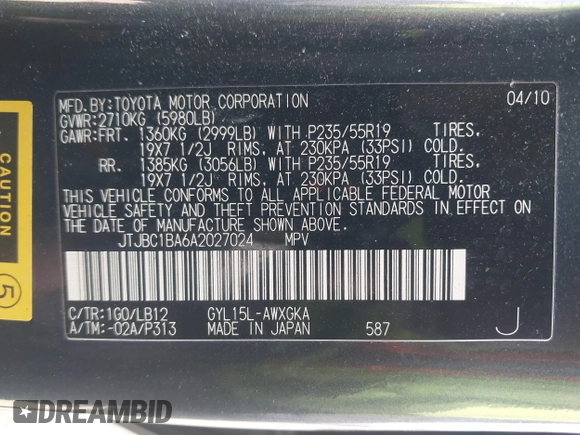2010 Lexus RX 450h with VIN JTJBC1BA6A2027024, listed as a IAAI auction lot 41886729 with 180,825 mi miles and . Bid and sale history available at DreamBid. Image 9.
