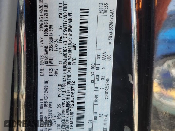 2018 Ford Escape S with VIN 1FMCU0F72JUD50712, listed as a Copart auction lot 52181675 with 61,328 mi miles and Salvage title. Bid and sale history available at DreamBid. Image 15.