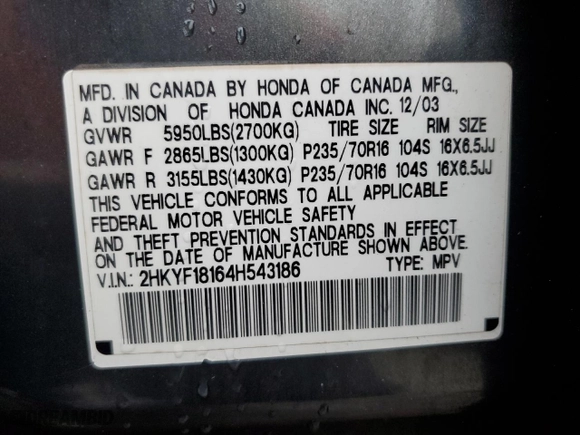 2004 Honda Pilot LX with VIN 2HKYF18164H543186, listed as a Copart auction lot 43114525 with 139,823 mi miles and Salvage Title. Bid and sale history available at carsss.com. Image 13.