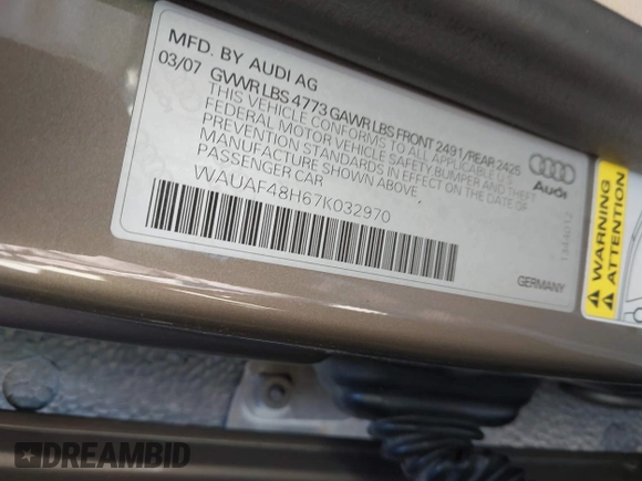 2007 Audi A4 2.0T z VIN WAUAF48H67K032970, wystawiony jako IAAI lot #42643317 z przebiegiem 159 329 mil mil oraz . Historia ofert i sprzedaży dostępna na DreamBid. Obrazek 9.