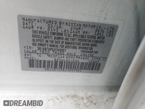 2018 Nissan Sentra SV с VIN 3N1AB7AP8JY249921, выставлен на аукционе Copart как лот 55950335 с пробегом 57 560 миль миль и Списание • Salvage title. История ставок и продаж доступна на DreamBid. Изображение 12.