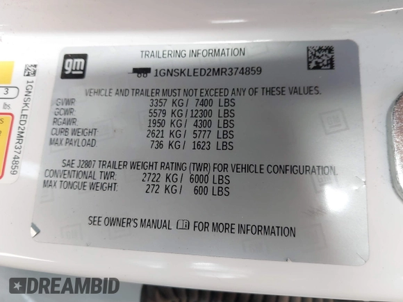 2021 Chevrolet Tahoe Commercial with VIN 1GNSKLED2MR374859, listed as a IAAI auction lot 40736376 with 83,417 mi miles and . Bid and sale history available at DreamBid. Image 9.