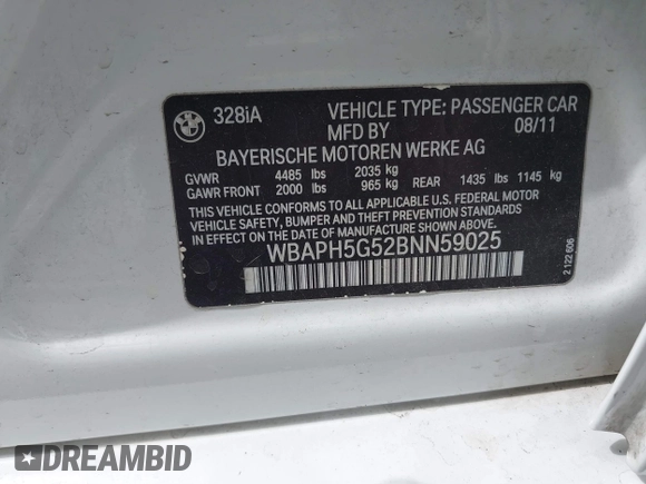 2011 BMW 3 Series 328i with VIN WBAPH5G52BNN59025, listed as a IAAI auction lot 42374114 with 67,423 mi miles and . Bid and sale history available at DreamBid. Image 9.