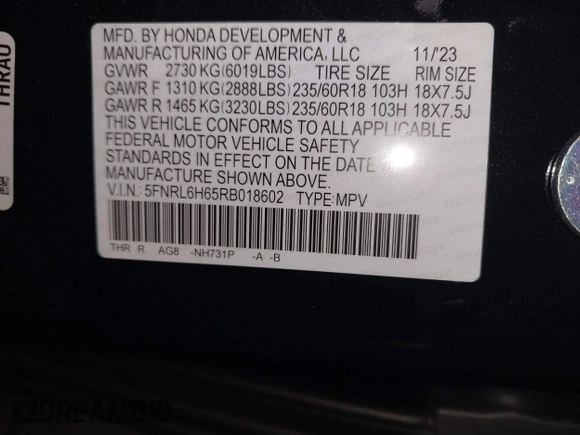 2024 Honda Odyssey EX-L with VIN 5FNRL6H65RB018602, listed as a IAAI auction lot 40823286 with 11,252 mi miles and . Bid and sale history available at DreamBid. Image 9.