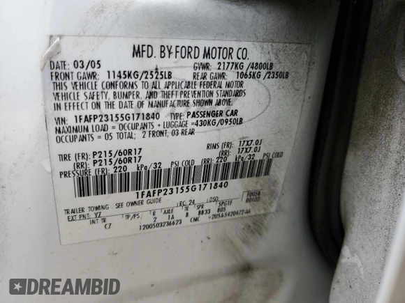 2005 Ford Five Hundred SE z VIN 1FAFP23155G171840, wystawiony jako Copart lot #54190685 z przebiegiem 147 383 mil mil oraz Szkoda całkowita • Salvage title. Historia ofert i sprzedaży dostępna na DreamBid. Obrazek 12.
