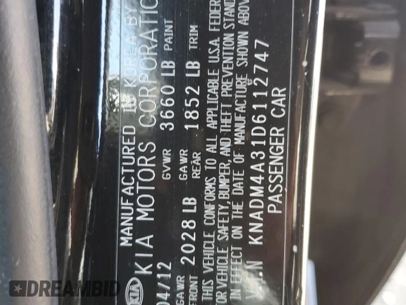 2013 Kia Rio LX with VIN KNADM4A31D6112747, listed as a Copart auction lot 57768594 with 87,140 mi miles and Salvage Title. Bid and sale history available at carsss.com. Image 14.